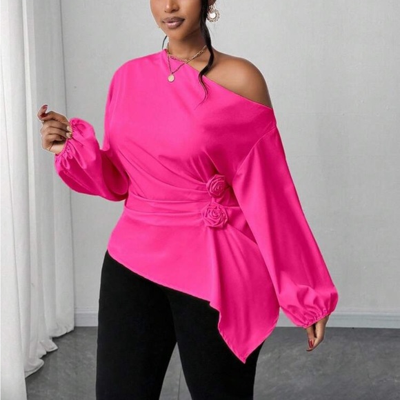 Plus Size Asymmetrical Off Shoulder Top Blouse Shirt Pink - Picture 3 of 16